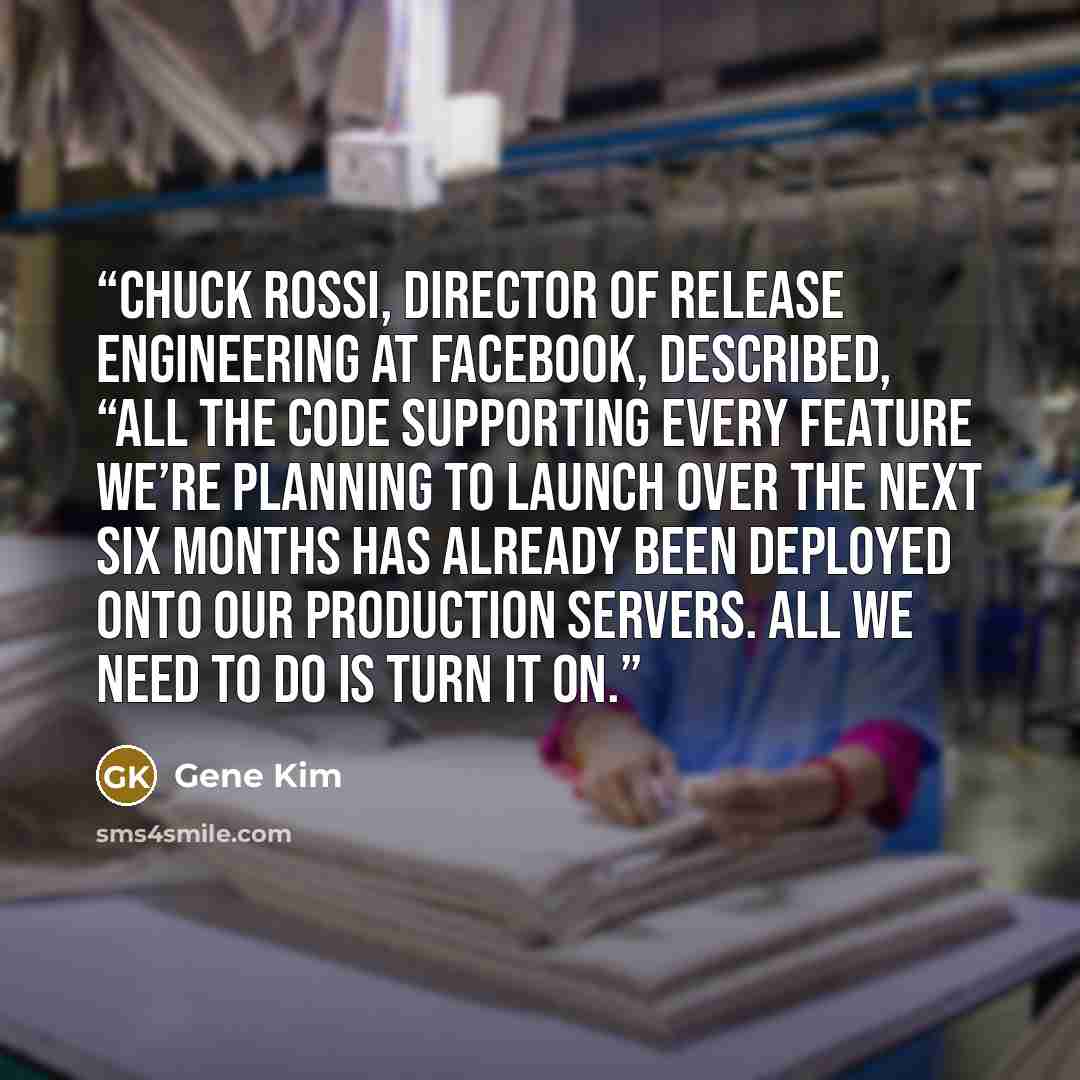 “Chuck Rossi, Director of Release Engineering at Facebook, described, “All the code supporting every feature we’re planning to launch over the next six months has already been deployed onto our production servers. All we need to do is turn it on.” quote by Gene Kim