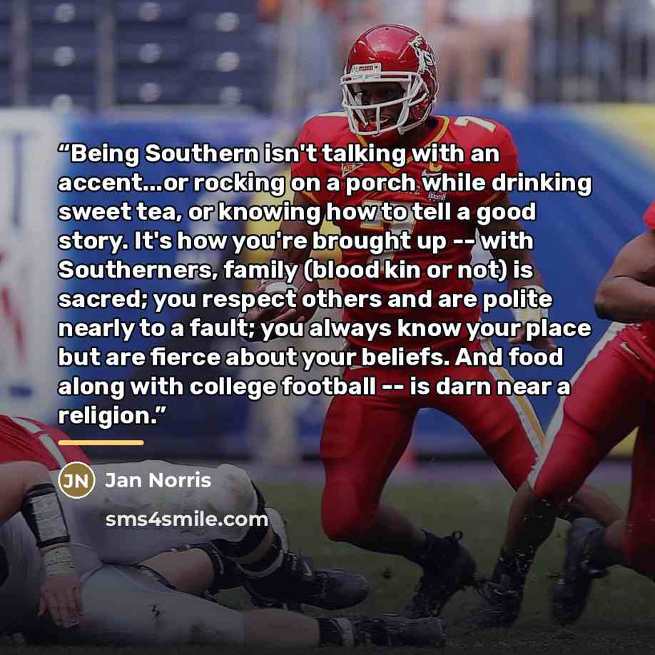 “Being Southern isn't talking with an accent...or rocking on a porch while drinking sweet tea, or knowing how to tell a good story. It's how you're brought up -- with Southerners, family (blood kin or not) is sacred; you respect others and are polite nearly to a fault; you always know your place…” quote by Jan Norris
