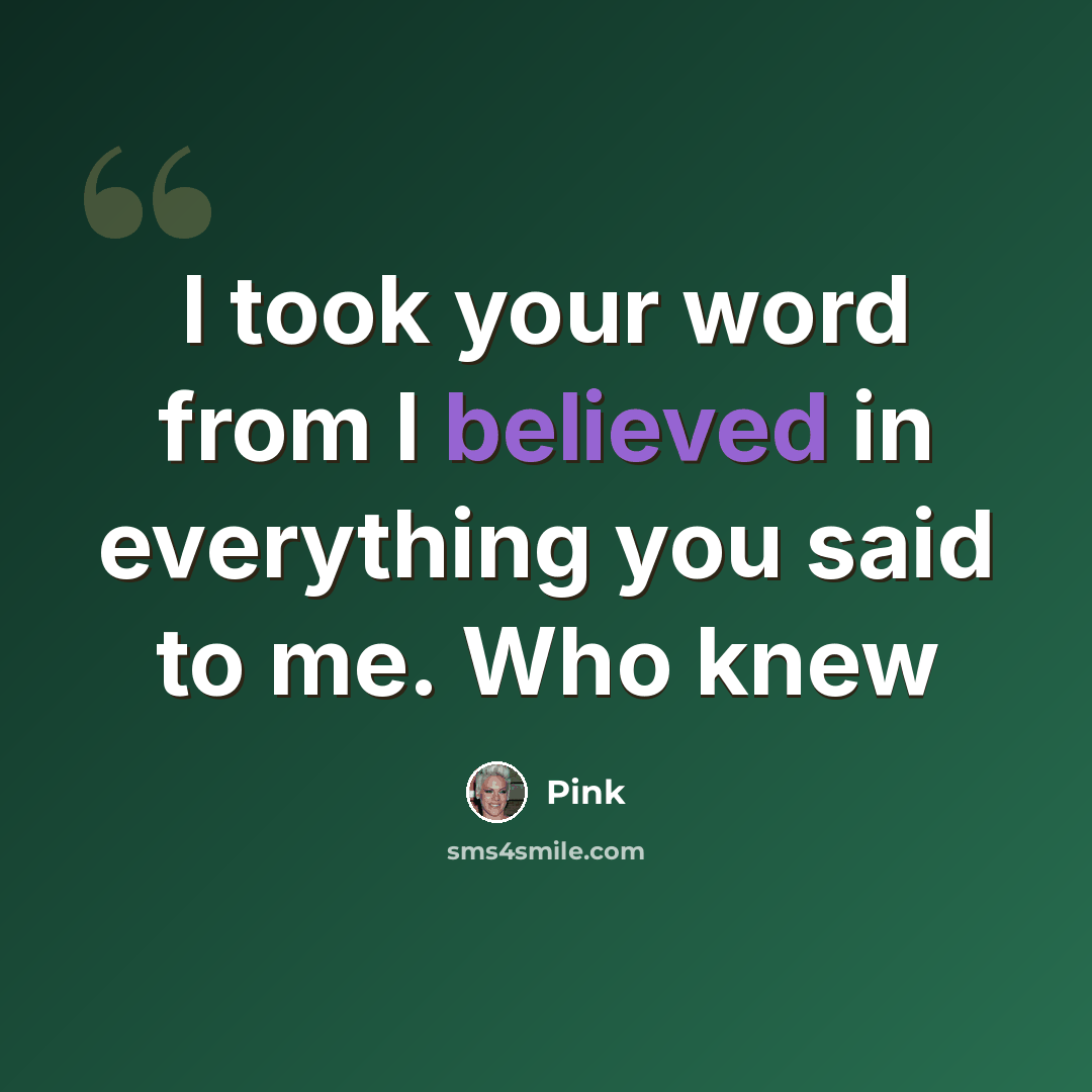 “I took your word from I believed in everything you said to me. Who knew” quote by Pink