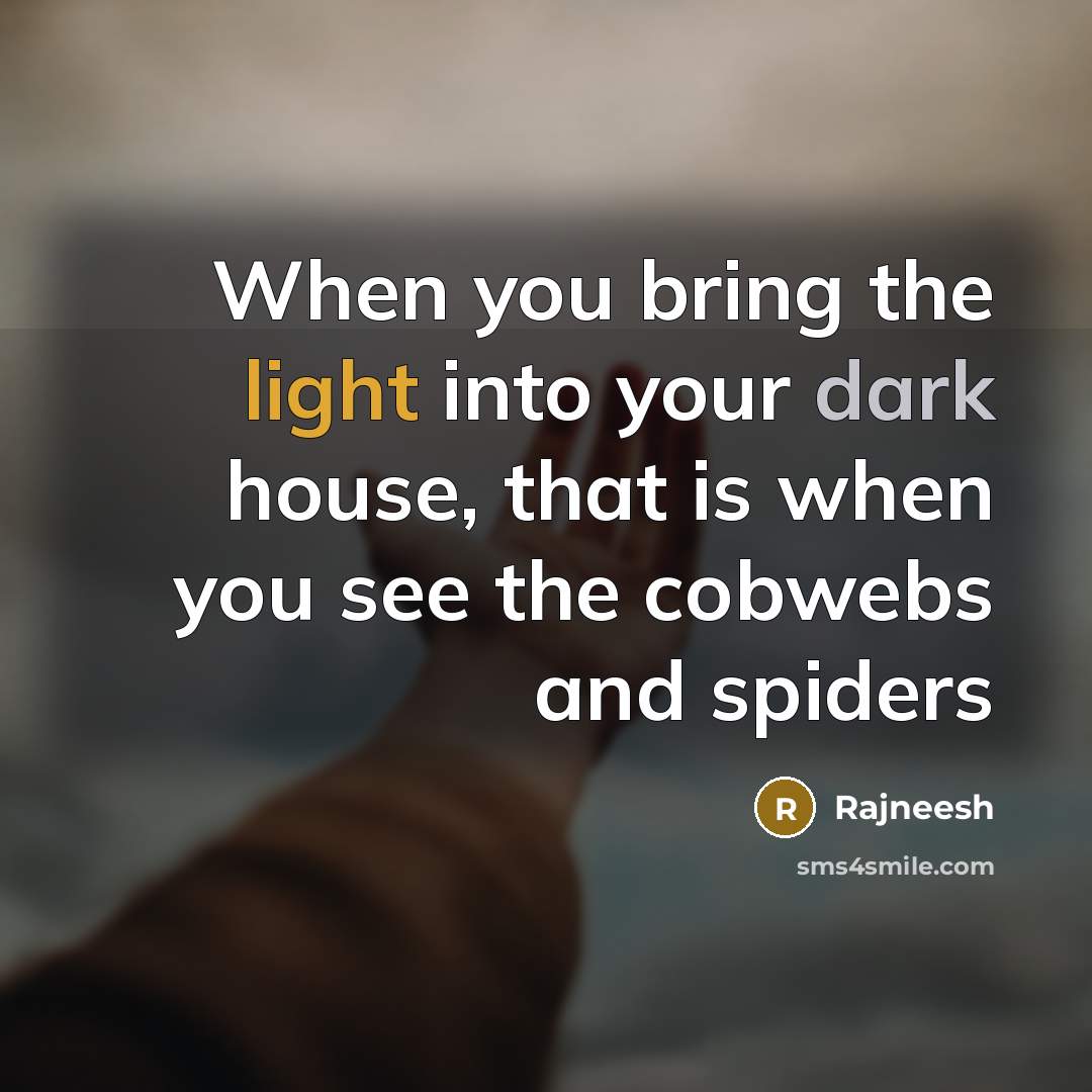 “When you bring the light into your dark house, that is when you see the cobwebs and spiders” quote by Rajneesh