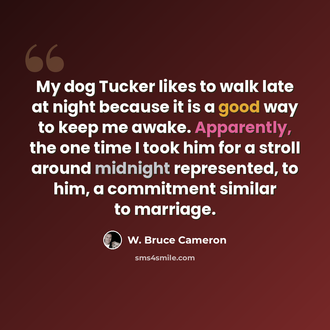“My dog Tucker likes to walk late at night because it is a good way to keep me awake. Apparently, the one time I took him for a stroll around midnight represented, to him, a commitment similar to marriage.” quote by W. Bruce Cameron