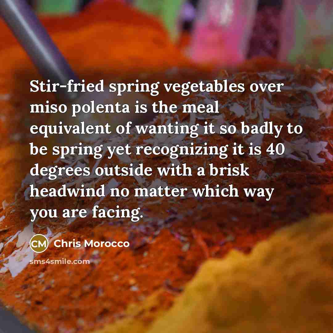 “Stir-fried spring vegetables over miso polenta is the meal equivalent of wanting it so badly to be spring yet recognizing it is 40 degrees outside with a brisk headwind no matter which way you are facing.” quote by Chris Morocco