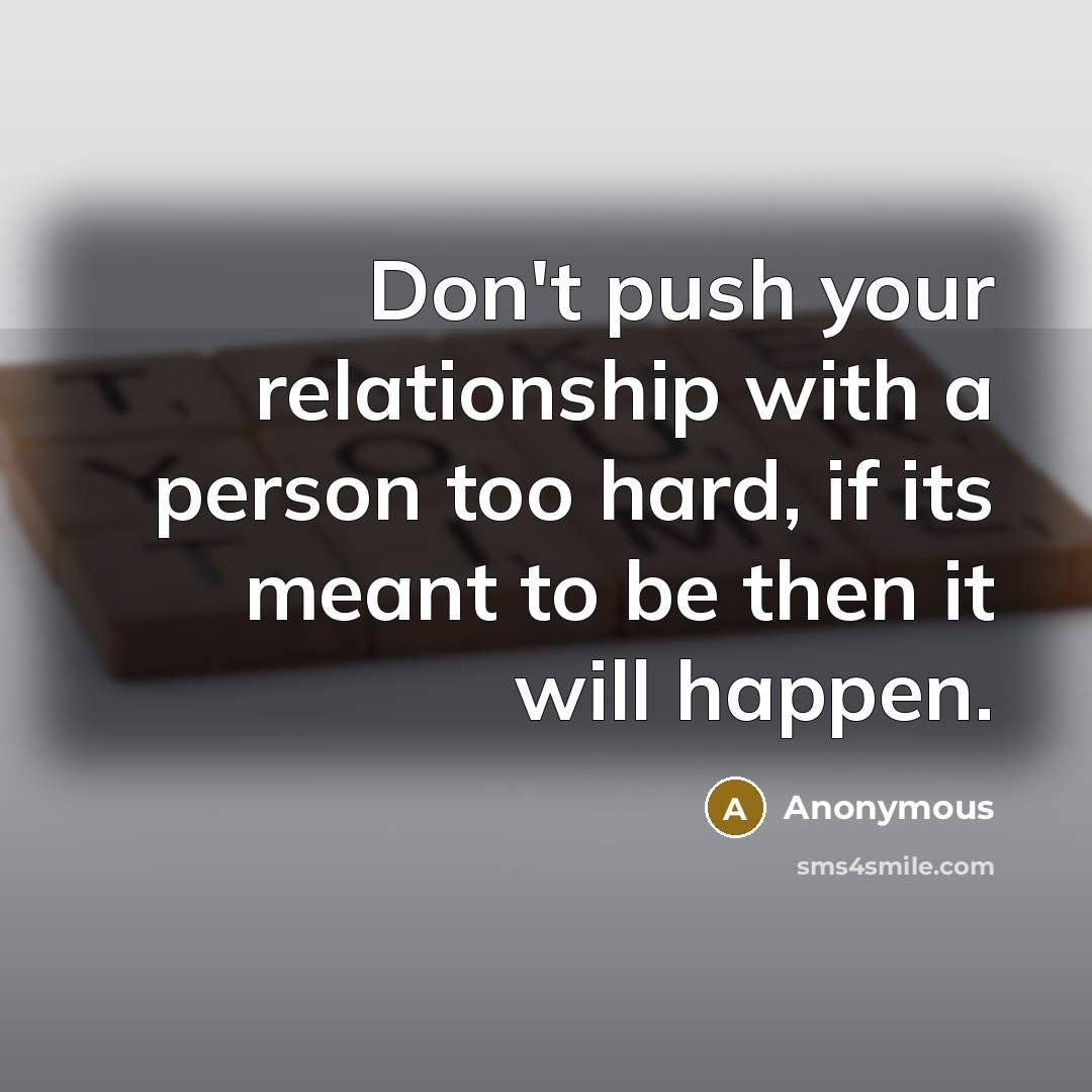 “Don't push your relationship with a person too hard, if its meant to be then it will happen.” quote by Anonymous