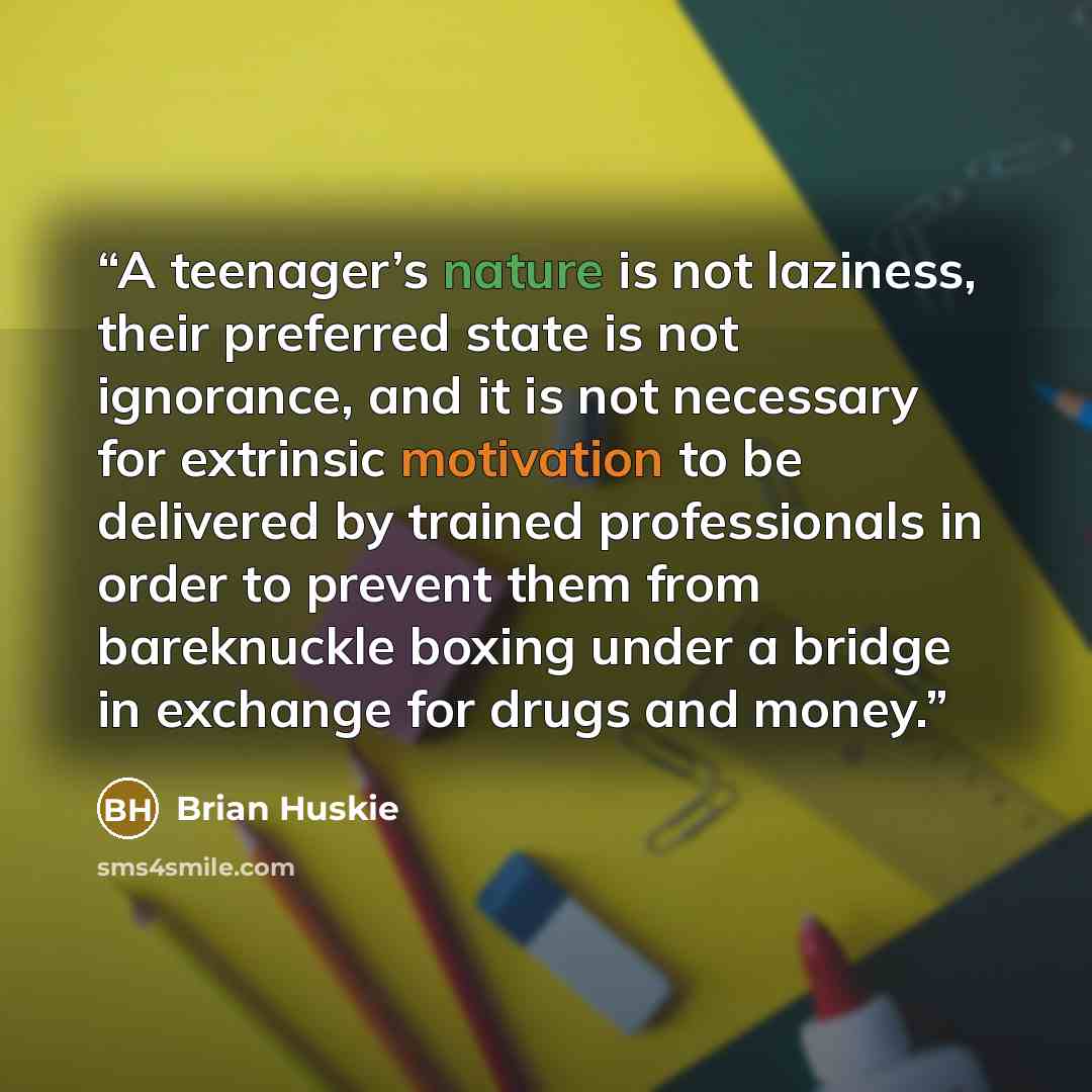 “A teenager’s nature is not laziness, their preferred state is not ignorance, and it is not necessary for extrinsic motivation to be delivered by trained professionals in order to prevent them from bareknuckle boxing under a bridge in exchange for drugs and money.” quote by Brian Huskie
