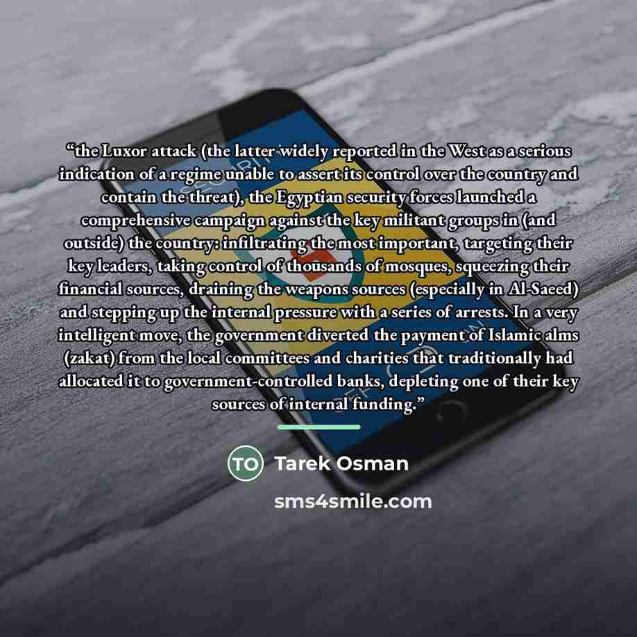 “the Luxor attack (the latter widely reported in the West as a serious indication of a regime unable to assert its control over the country and contain the threat), the Egyptian security forces launched a comprehensive campaign against the key militant groups in (and outside) the country…” quote by Tarek Osman