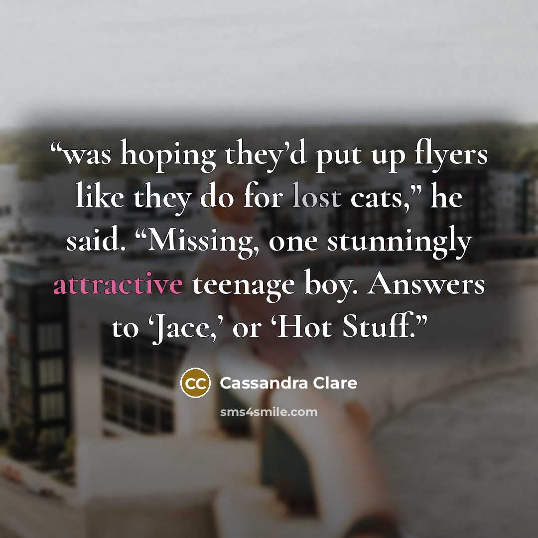 “was hoping they’d put up flyers like they do for lost cats,” he said. “Missing, one stunningly attractive teenage boy. Answers to ‘Jace,’ or ‘Hot Stuff.” quote by Cassandra Clare