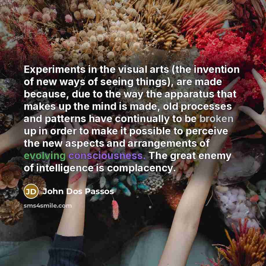 “Experiments in the visual arts (the invention of new ways of seeing things), are made because, due to the way the apparatus that makes up the mind is made, old processes and patterns have continually to be broken up in order to make it possible to perceive the new aspects and arrangements of…” quote by John Dos Passos
