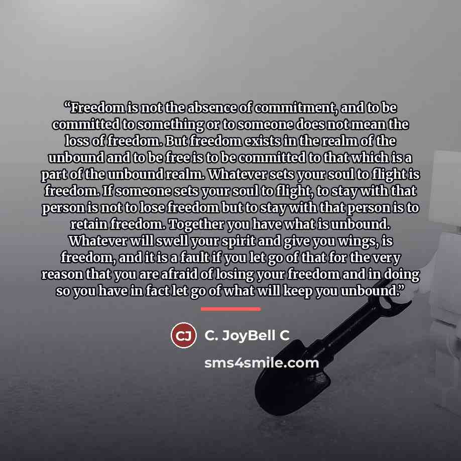 “Freedom is not the absence of commitment, and to be committed to something or to someone does not mean the loss of freedom. But freedom exists in the realm of the unbound and to be free is to be committed to that which is a part of the unbound realm. Whatever sets your soul to flight is freedom…” quote by C. JoyBell C
