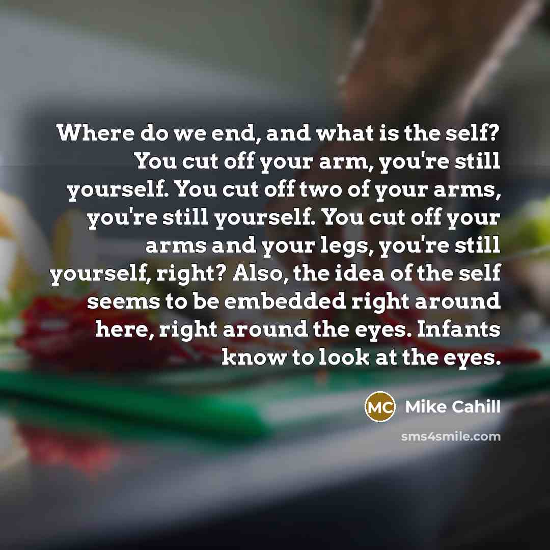 “Where do we end, and what is the self? You cut off your arm, you're still yourself. You cut off two of your arms, you're still yourself. You cut off your arms and your legs, you're still yourself, right? Also, the idea of the self seems to be embedded right around here, right around the eyes…” quote by Mike Cahill