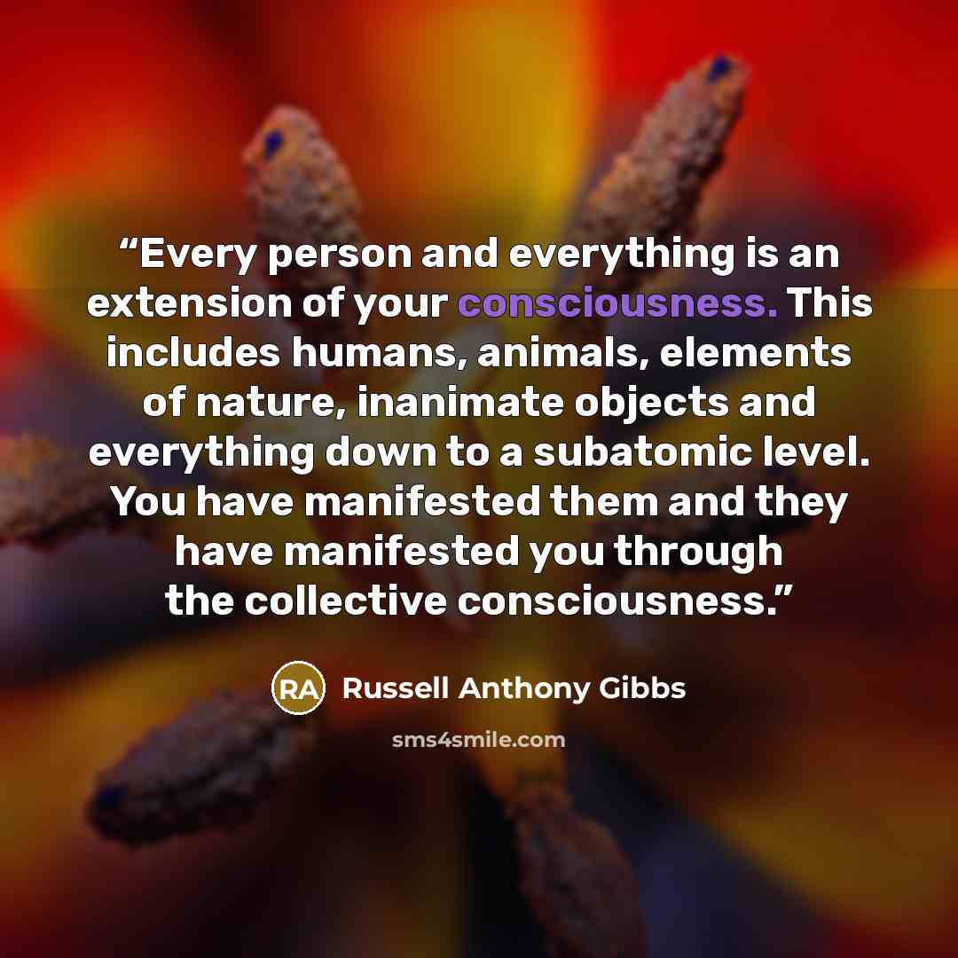 “Every person and everything is an extension of your consciousness. This includes humans, animals, elements of nature, inanimate objects and everything down to a subatomic level. You have manifested them and they have manifested you through the collective consciousness.” quote by Russell Anthony Gibbs