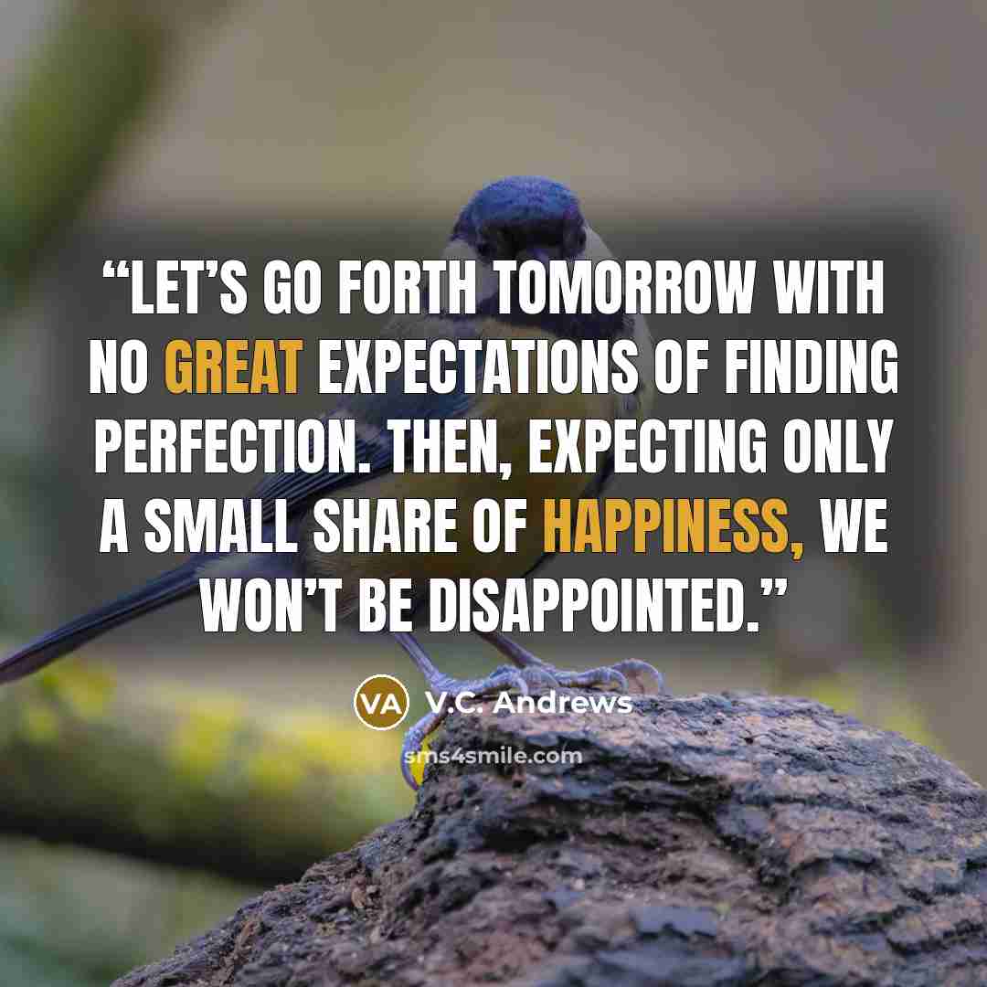 “Let’s go forth tomorrow with no great expectations of finding perfection. Then, expecting only a small share of happiness, we won’t be disappointed.” quote by V.C. Andrews