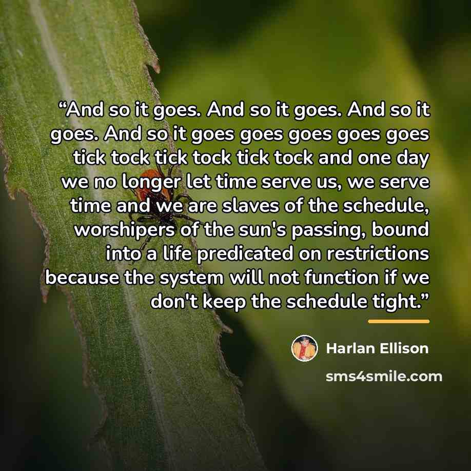 “And so it goes. And so it goes. And so it goes. And so it goes goes goes goes goes tick tock tick tock tick tock and one day we no longer let time serve us, we serve time and we are slaves of the schedule, worshipers of the sun's passing, bound into a life predicated on restrictions because the…” quote by Harlan Ellison