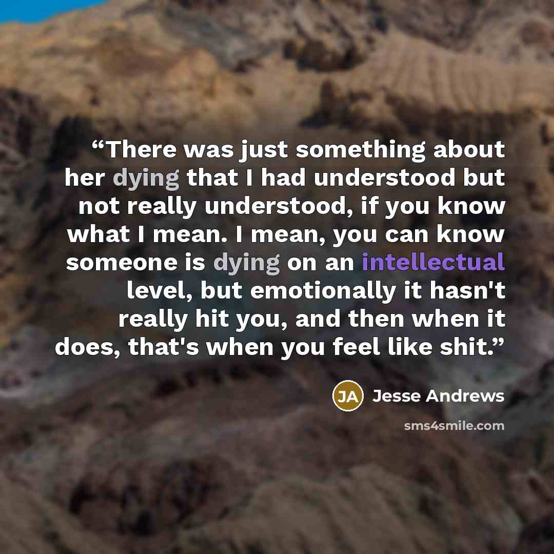 “There was just something about her dying that I had understood but not really understood, if you know what I mean. I mean, you can know someone is dying on an intellectual level, but emotionally it hasn't really hit you, and then when it does, that's when you feel like shit.” quote by Jesse Andrews
