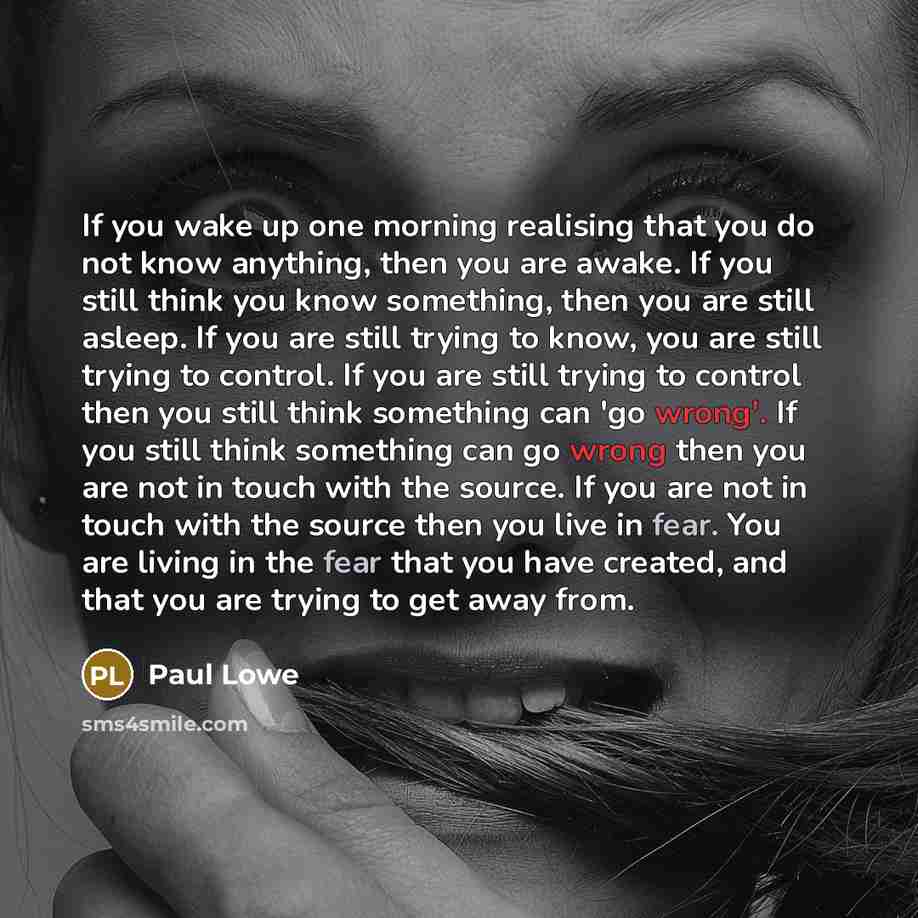 “If you wake up one morning realising that you do not know anything, then you are awake. If you still think you know something, then you are still asleep. If you are still trying to know, you are still trying to control. If you are still trying to control then you still think something can 'go…” quote by Paul Lowe