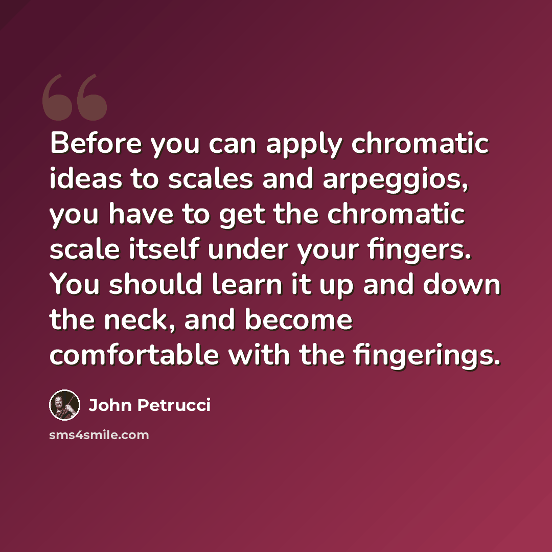 “Before you can apply chromatic ideas to scales and arpeggios, you have to get the chromatic scale itself under your fingers. You should learn it up and down the neck, and become comfortable with the fingerings.” quote by John Petrucci