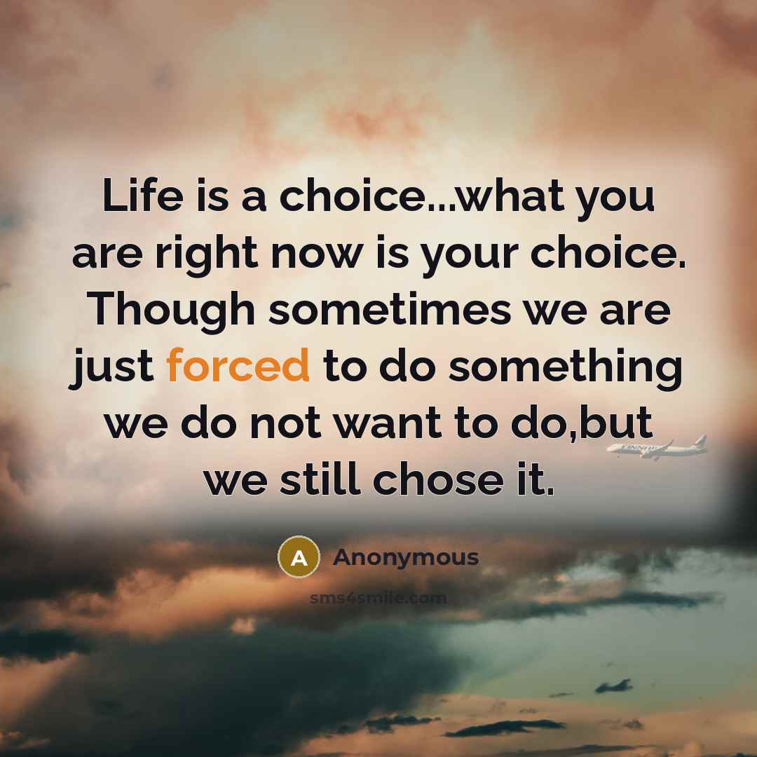 “Life is a choice...what you are right now is your choice. Though sometimes we are just forced to do something we do not want to do,but we still chose it.” quote by Anonymous
