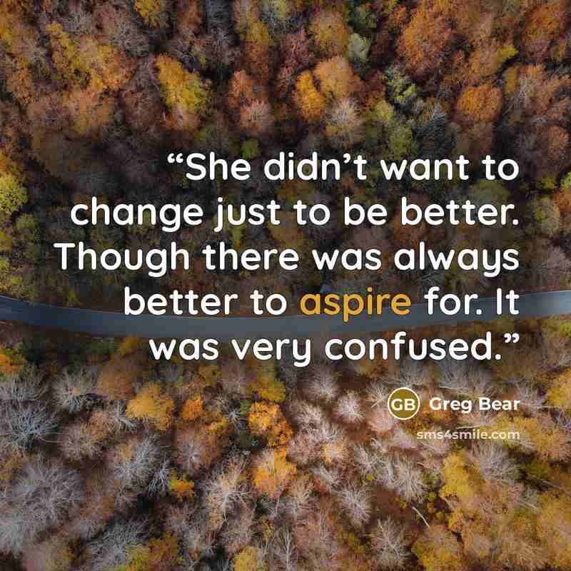 “She didn’t want to change just to be better. Though there was always better to aspire for. It was very confused.” quote by Greg Bear