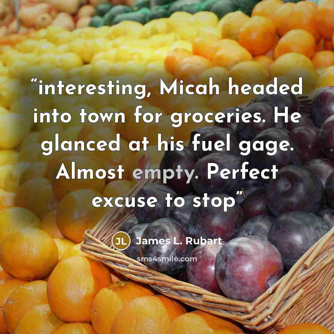 “interesting, Micah headed into town for groceries. He glanced at his fuel gage. Almost empty. Perfect excuse to stop” quote by James L. Rubart