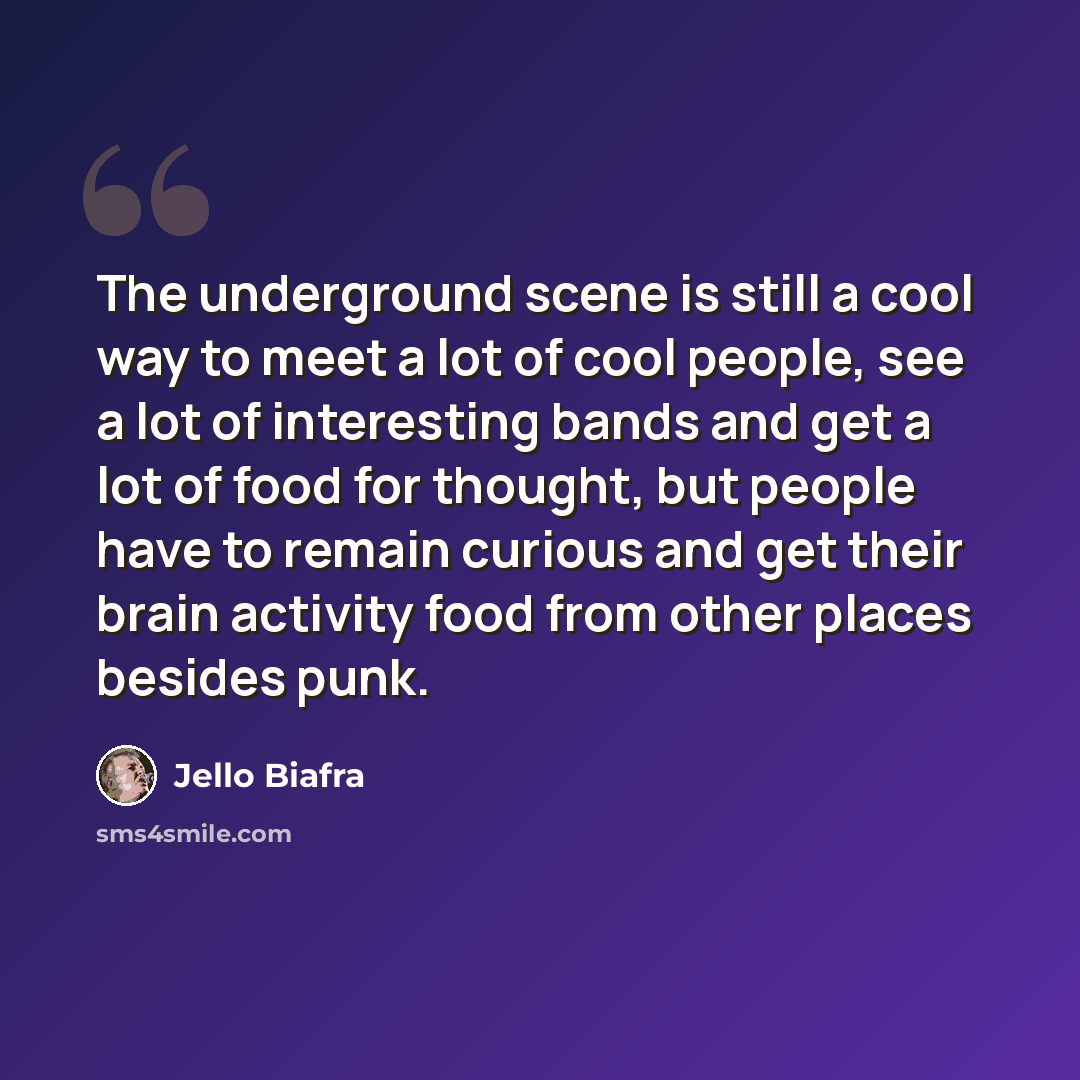 “The underground scene is still a cool way to meet a lot of cool people, see a lot of interesting bands and get a lot of food for thought, but people have to remain curious and get their brain activity food from other places besides punk.” quote by Jello Biafra