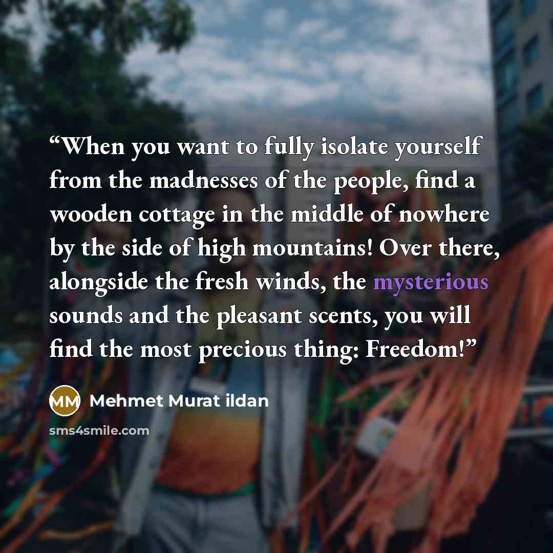 “When you want to fully isolate yourself from the madnesses of the people, find a wooden cottage in the middle of nowhere by the side of high mountains! Over there, alongside the fresh winds, the mysterious sounds and the pleasant scents, you will find the most precious thing: Freedom!” quote by Mehmet Murat ildan