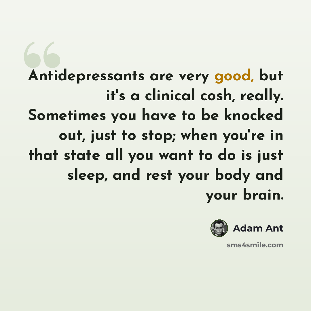 “Antidepressants are very good, but it's a clinical cosh, really. Sometimes you have to be knocked out, just to stop; when you're in that state all you want to do is just sleep, and rest your body and your brain.” quote by Adam Ant
