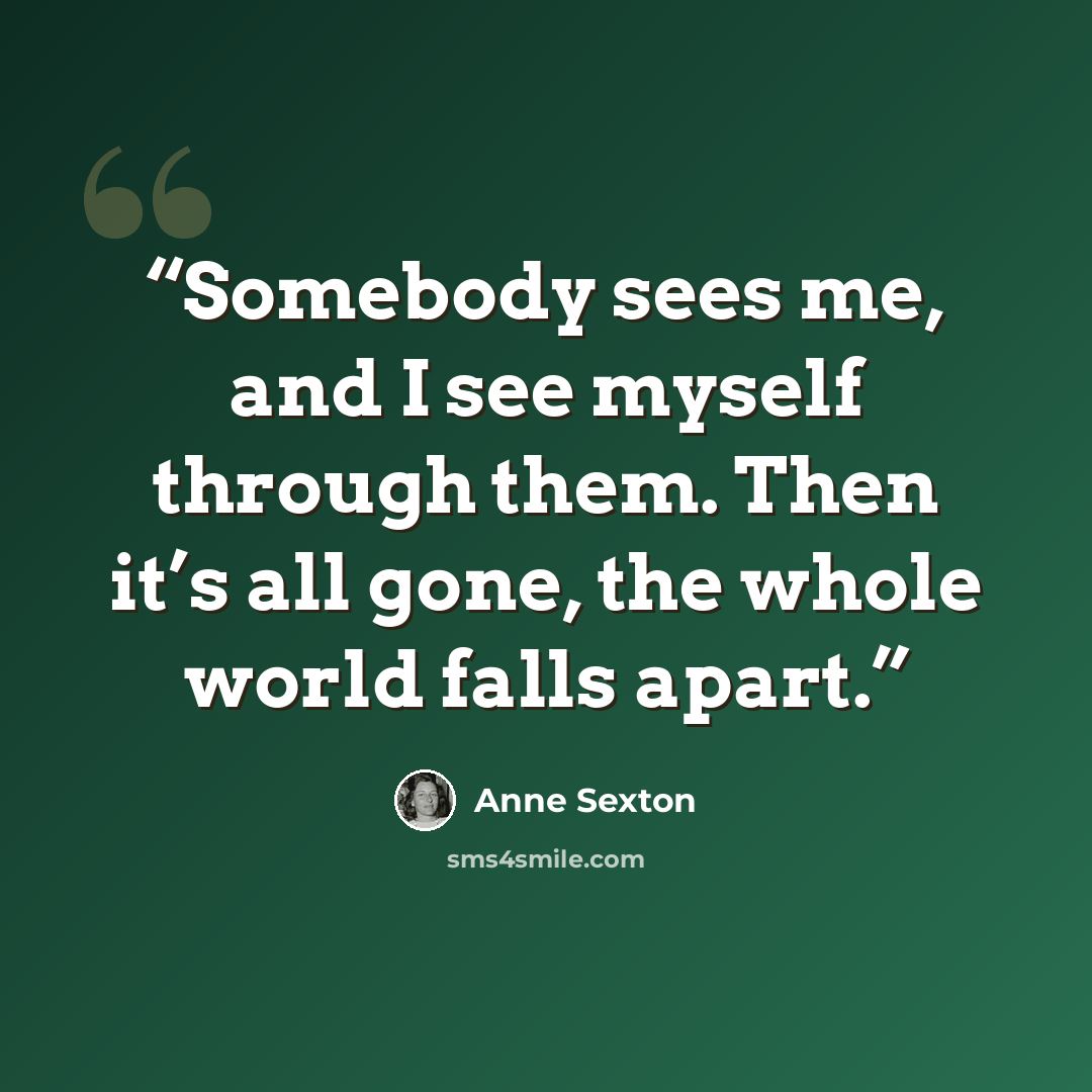 “Somebody sees me, and I see myself through them. Then it’s all gone, the whole world falls apart.” quote by Anne Sexton