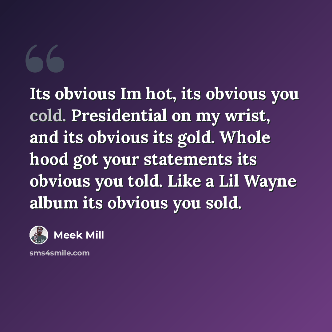 “Its obvious Im hot, its obvious you cold. Presidential on my wrist, and its obvious its gold. Whole hood got your statements its obvious you told. Like a Lil Wayne album its obvious you sold.” quote by Meek Mill