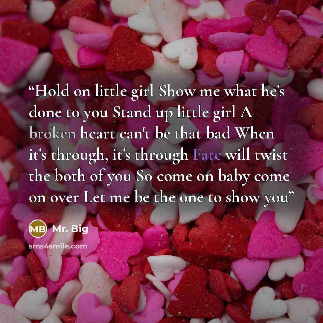 “Hold on little girl Show me what he's done to you Stand up little girl A broken heart can't be that bad When it's through, it's through Fate will twist the both of you So come on baby come on over Let me be the one to show you” quote by Mr. Big