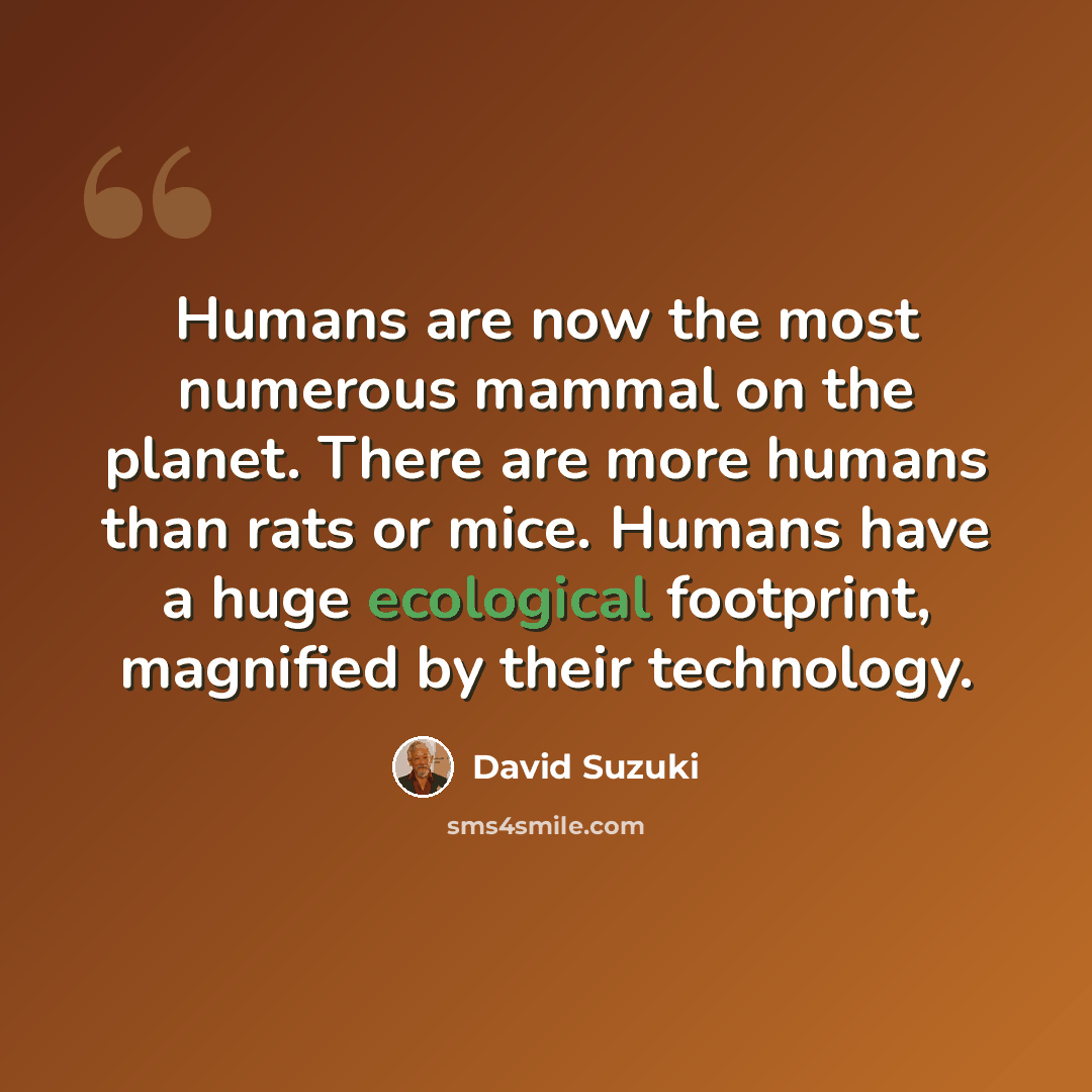“Humans are now the most numerous mammal on the planet. There are more humans than rats or mice. Humans have a huge ecological footprint, magnified by their technology.” quote by David Suzuki