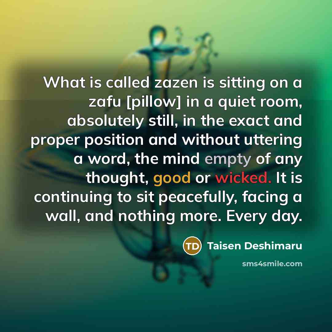 “What is called zazen is sitting on a zafu [pillow] in a quiet room, absolutely still, in the exact and proper position and without uttering a word, the mind empty of any thought, good or wicked. It is continuing to sit peacefully, facing a wall, and nothing more. Every day.” quote by Taisen Deshimaru