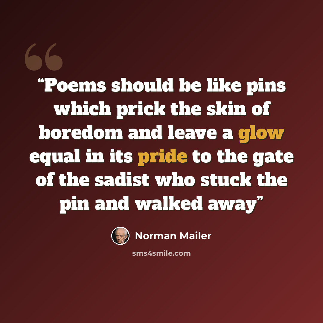 “Poems should be like pins which prick the skin of boredom and leave a glow equal in its pride to the gate of the sadist who stuck the pin and walked away” quote by Norman Mailer