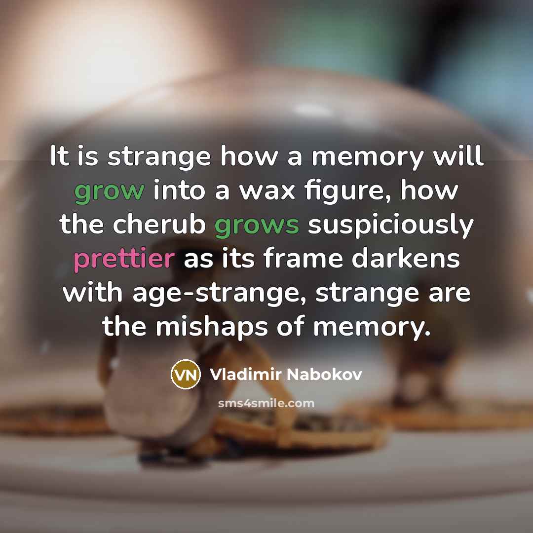 “It is strange how a memory will grow into a wax figure, how the cherub grows suspiciously prettier as its frame darkens with age-strange, strange are the mishaps of memory.” quote by Vladimir Nabokov