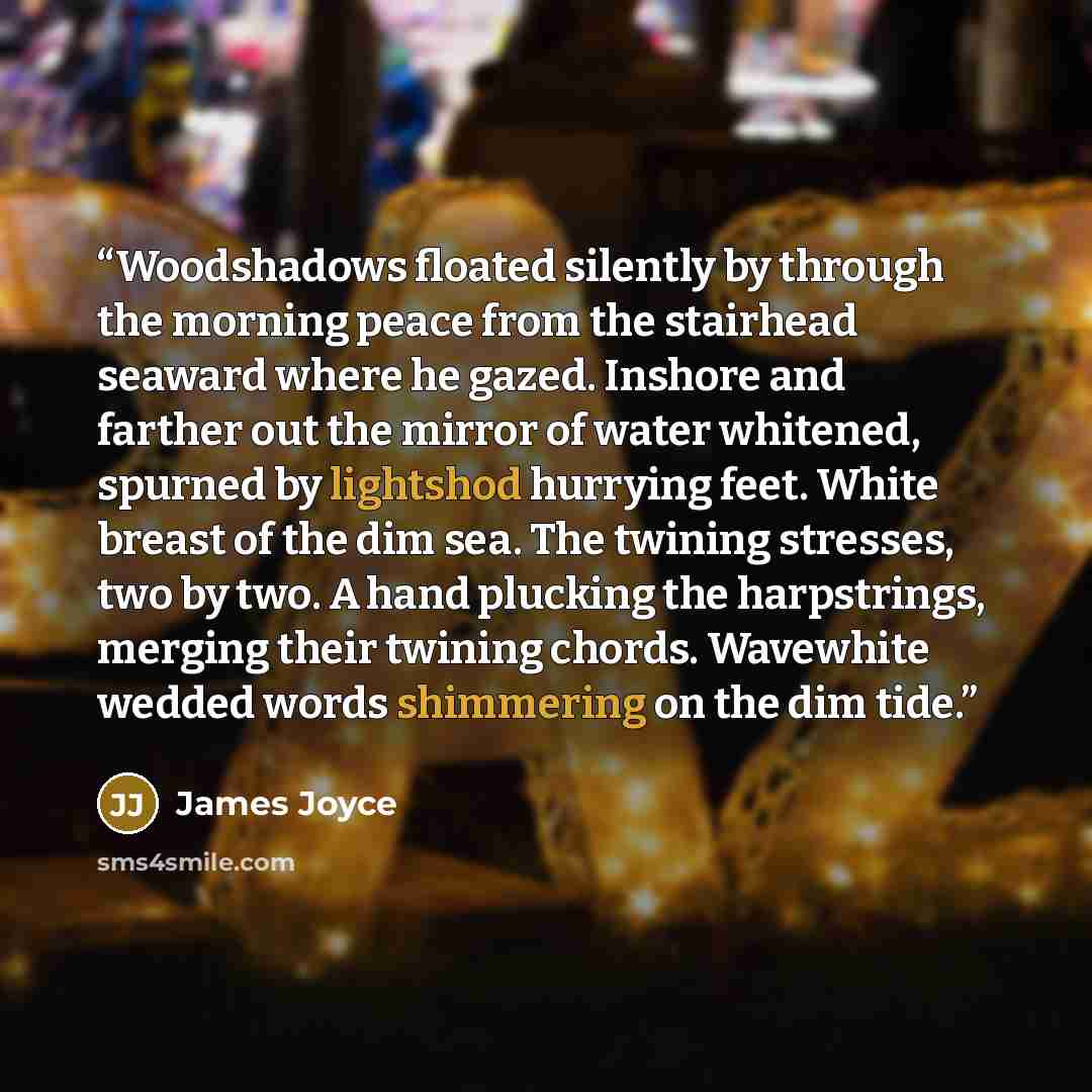 “Woodshadows floated silently by through the morning peace from the stairhead seaward where he gazed. Inshore and farther out the mirror of water whitened, spurned by lightshod hurrying feet. White breast of the dim sea. The twining stresses, two by two. A hand plucking the harpstrings, merging…” quote by James Joyce