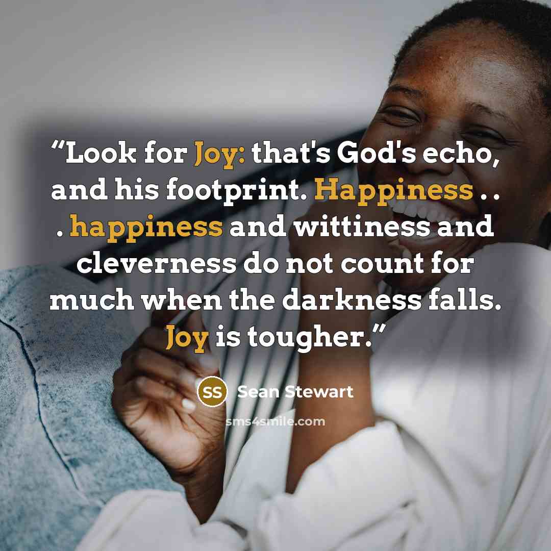 “Look for Joy: that's God's echo, and his footprint. Happiness . . . happiness and wittiness and cleverness do not count for much when the darkness falls. Joy is tougher.” quote by Sean Stewart