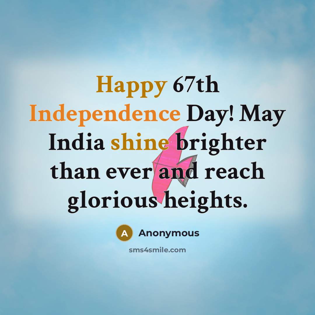 “Happy 67th Independence Day! May India shine brighter than ever and reach glorious heights.” quote by Anonymous