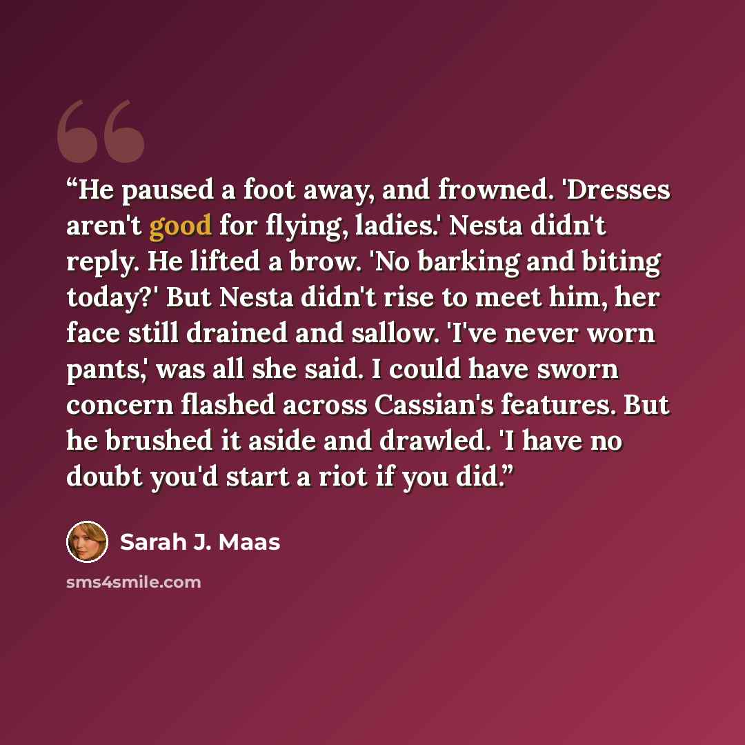 “He paused a foot away, and frowned. 'Dresses aren't good for flying, ladies.' Nesta didn't reply. He lifted a brow. 'No barking and biting today?' But Nesta didn't rise to meet him, her face still drained and sallow. 'I've never worn pants,' was all she said. I could have sworn concern flashed…” quote by Sarah J. Maas