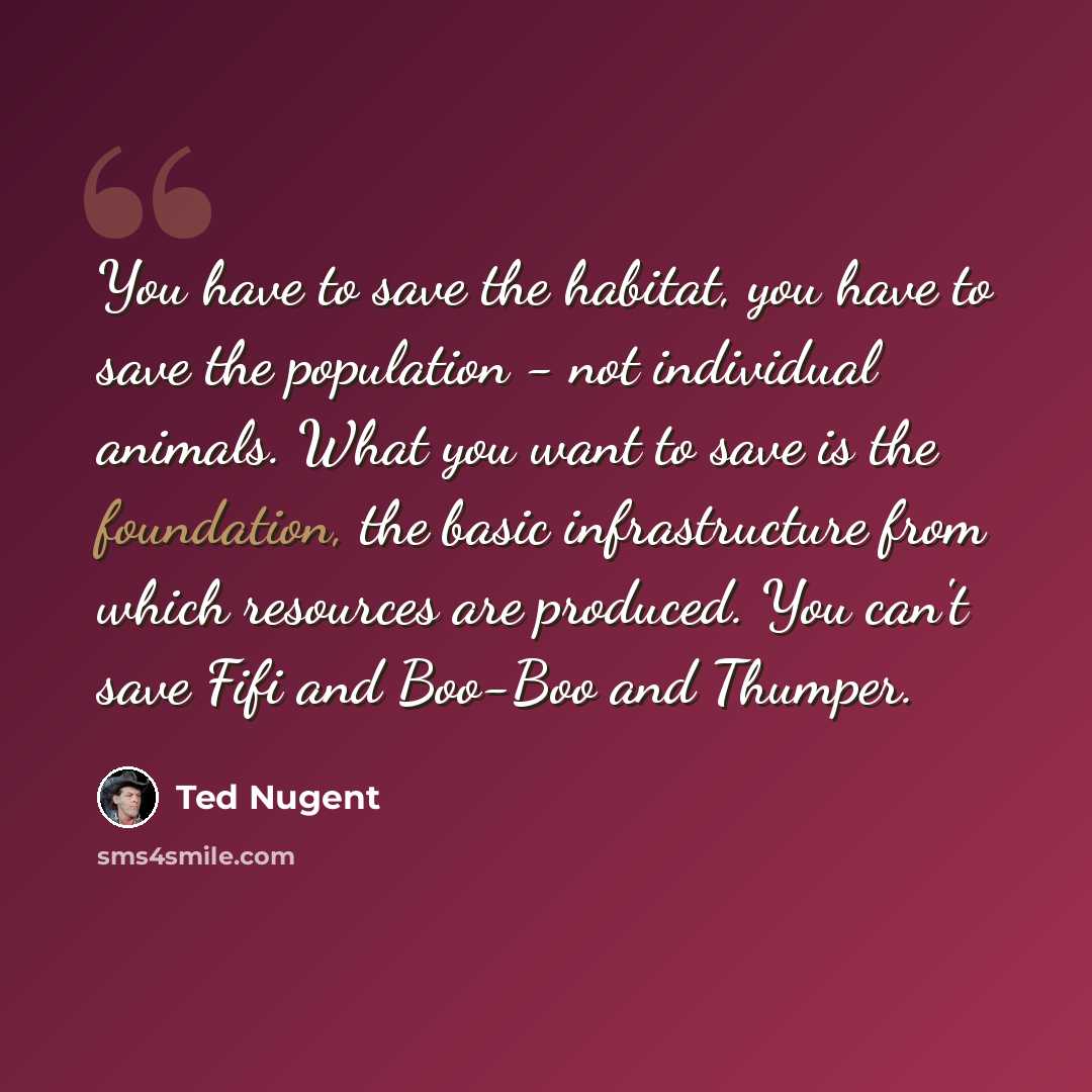 “You have to save the habitat, you have to save the population - not individual animals. What you want to save is the foundation, the basic infrastructure from which resources are produced. You can't save Fifi and Boo-Boo and Thumper.” quote by Ted Nugent