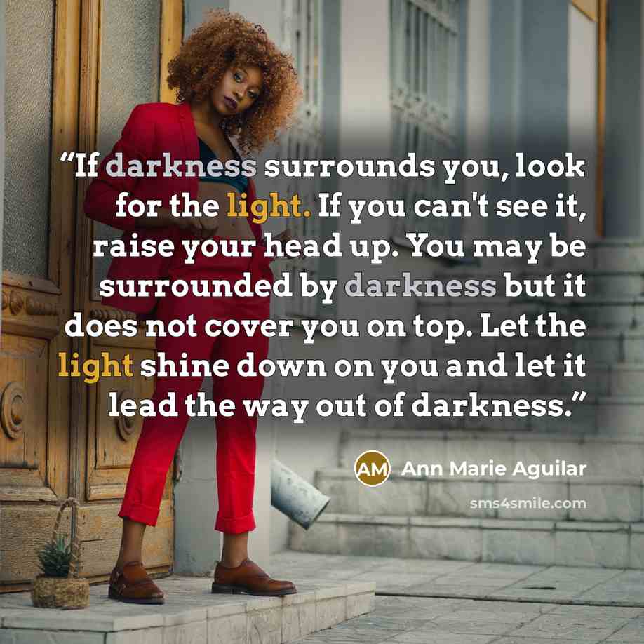 “If darkness surrounds you, look for the light. If you can't see it, raise your head up. You may be surrounded by darkness but it does not cover you on top. Let the light shine down on you and let it lead the way out of darkness.” quote by Ann Marie Aguilar