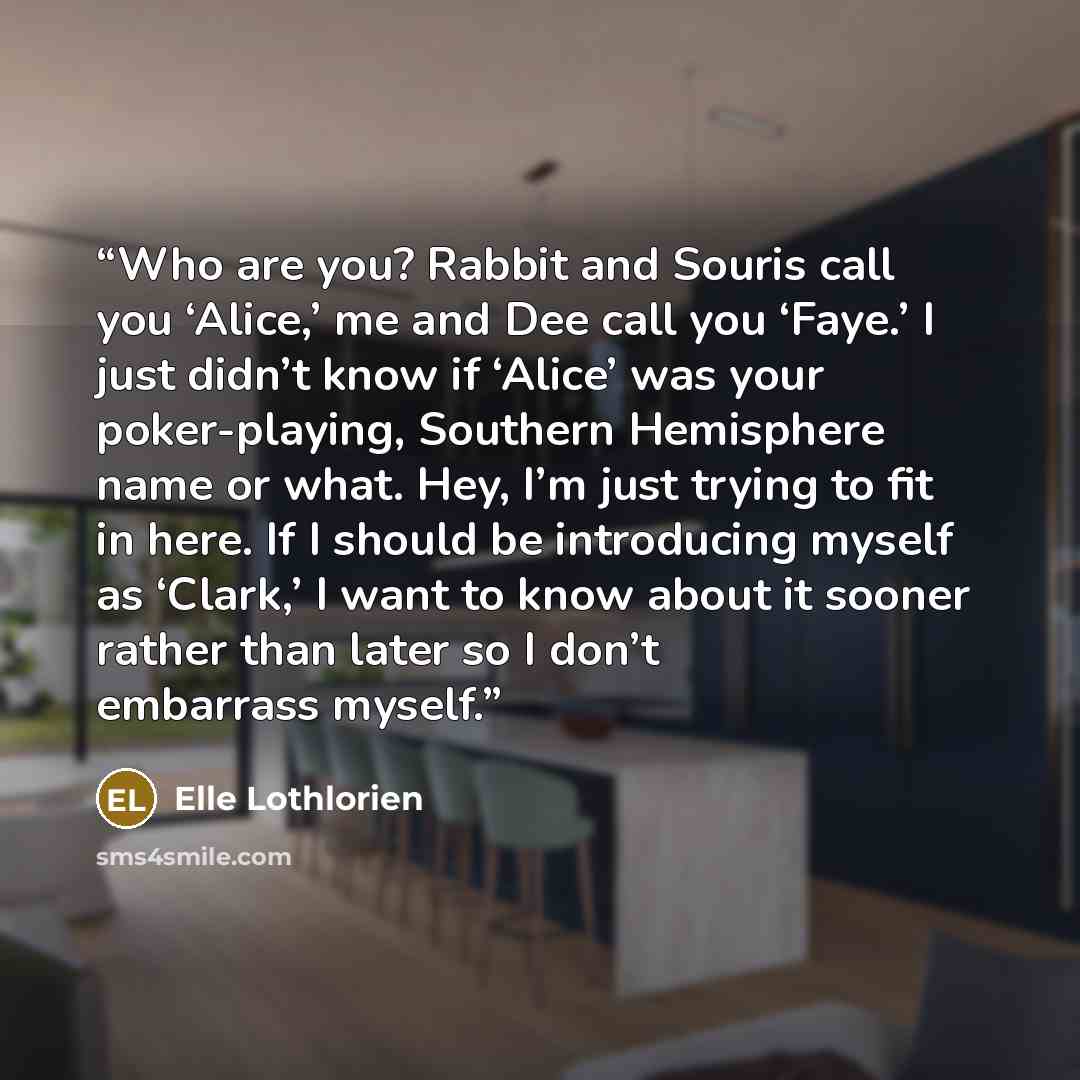 “Who are you? Rabbit and Souris call you ‘Alice,’ me and Dee call you ‘Faye.’ I just didn’t know if ‘Alice’ was your poker-playing, Southern Hemisphere name or what. Hey, I’m just trying to fit in here. If I should be introducing myself as ‘Clark,’ I want to know about it sooner rather than later…” quote by Elle Lothlorien