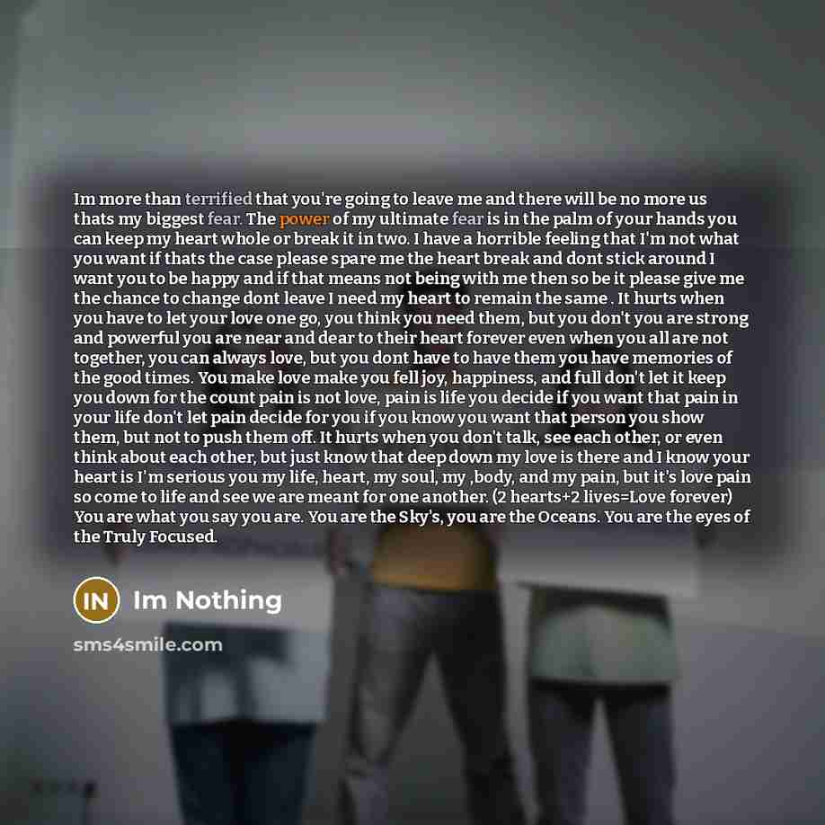 “Im more than terrified that you're going to leave me and there will be no more us thats my biggest fear. The power of my ultimate fear is in the palm of your hands you can keep my heart whole or break it in two. I have a horrible feeling that I'm not what you want if thats the case please spare me…” quote by Im Nothing