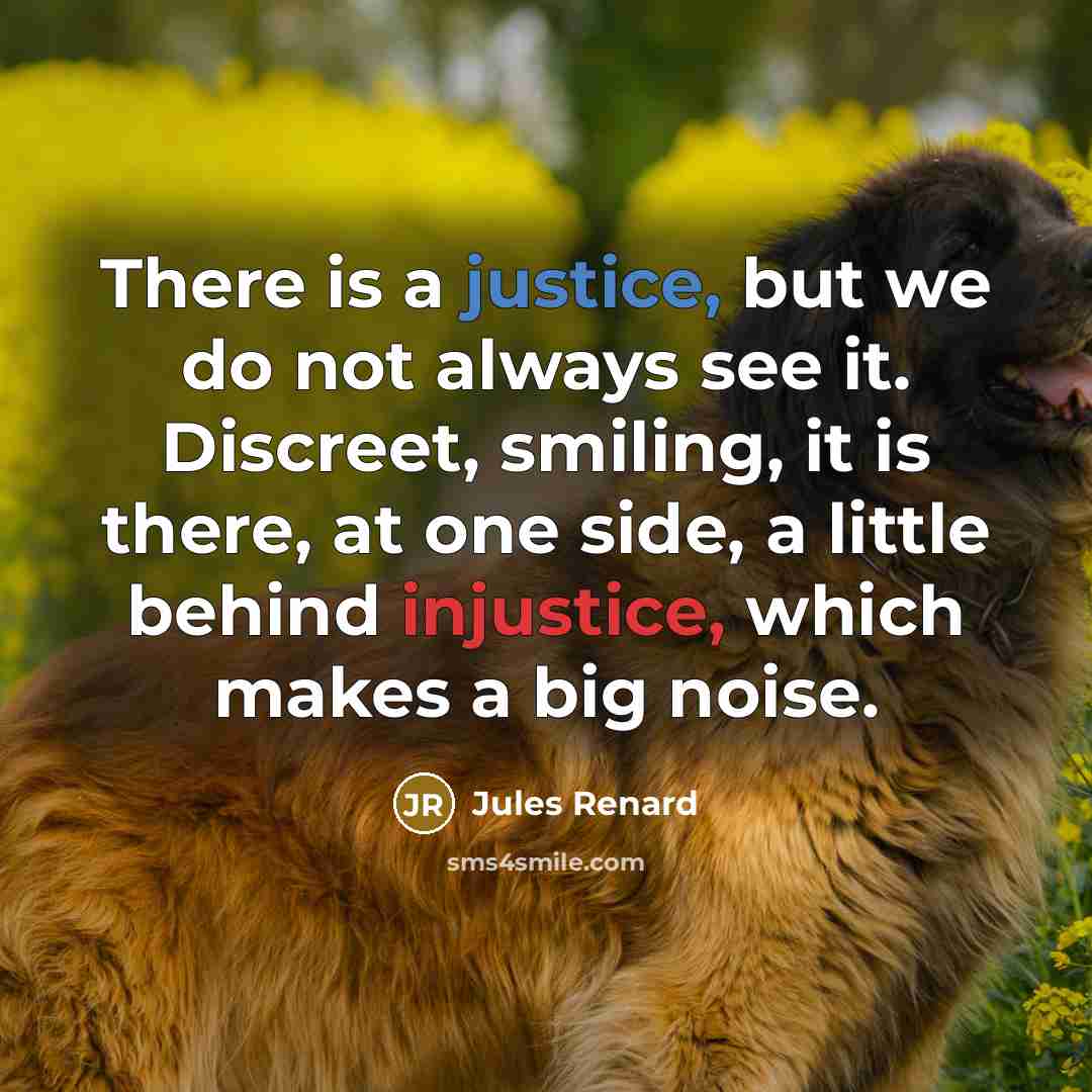 “There is a justice, but we do not always see it. Discreet, smiling, it is there, at one side, a little behind injustice, which makes a big noise.” quote by Jules Renard