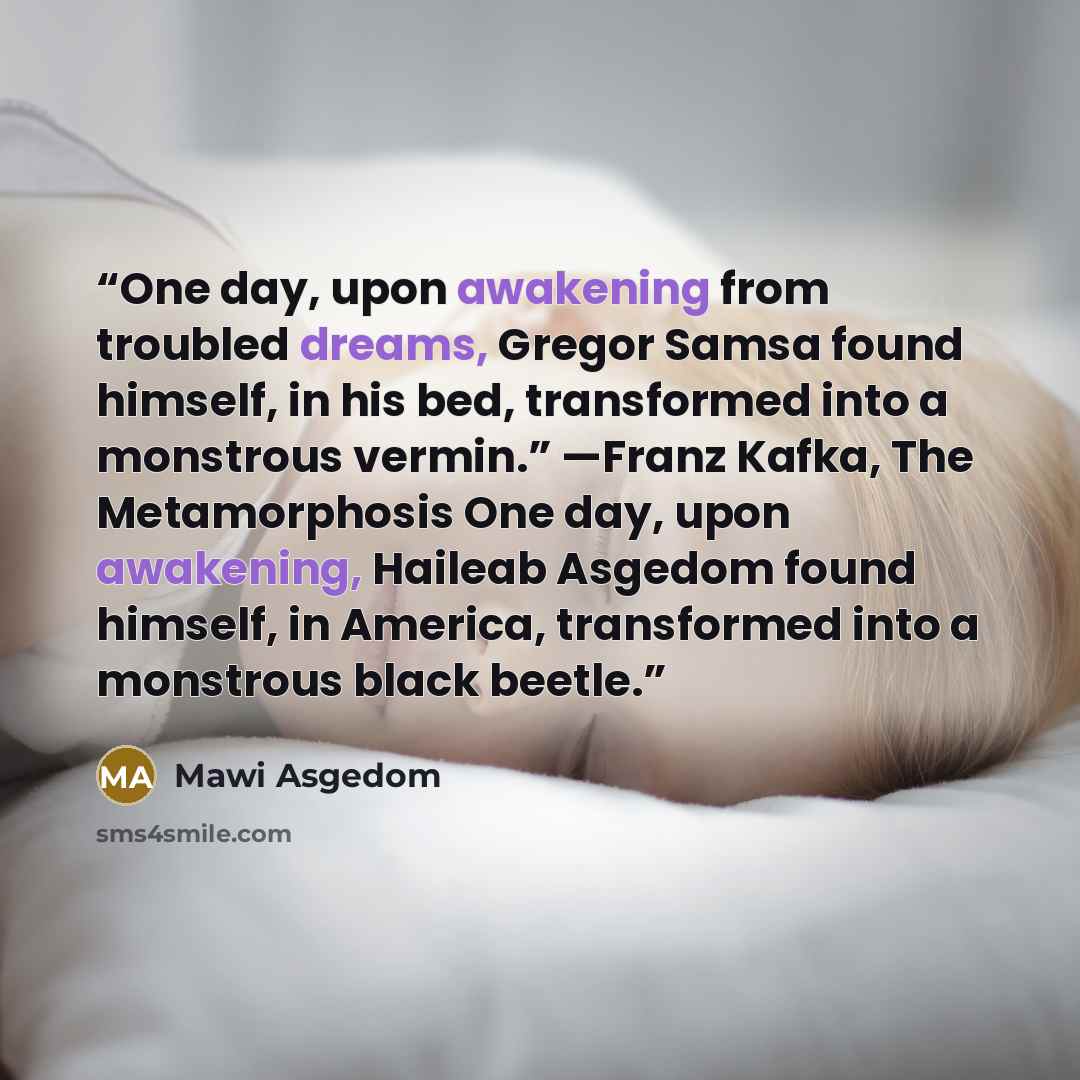 “One day, upon awakening from troubled dreams, Gregor Samsa found himself, in his bed, transformed into a monstrous vermin.” —Franz Kafka, The Metamorphosis One day, upon awakening, Haileab Asgedom found himself, in America, transformed into a monstrous black beetle.” quote by Mawi Asgedom