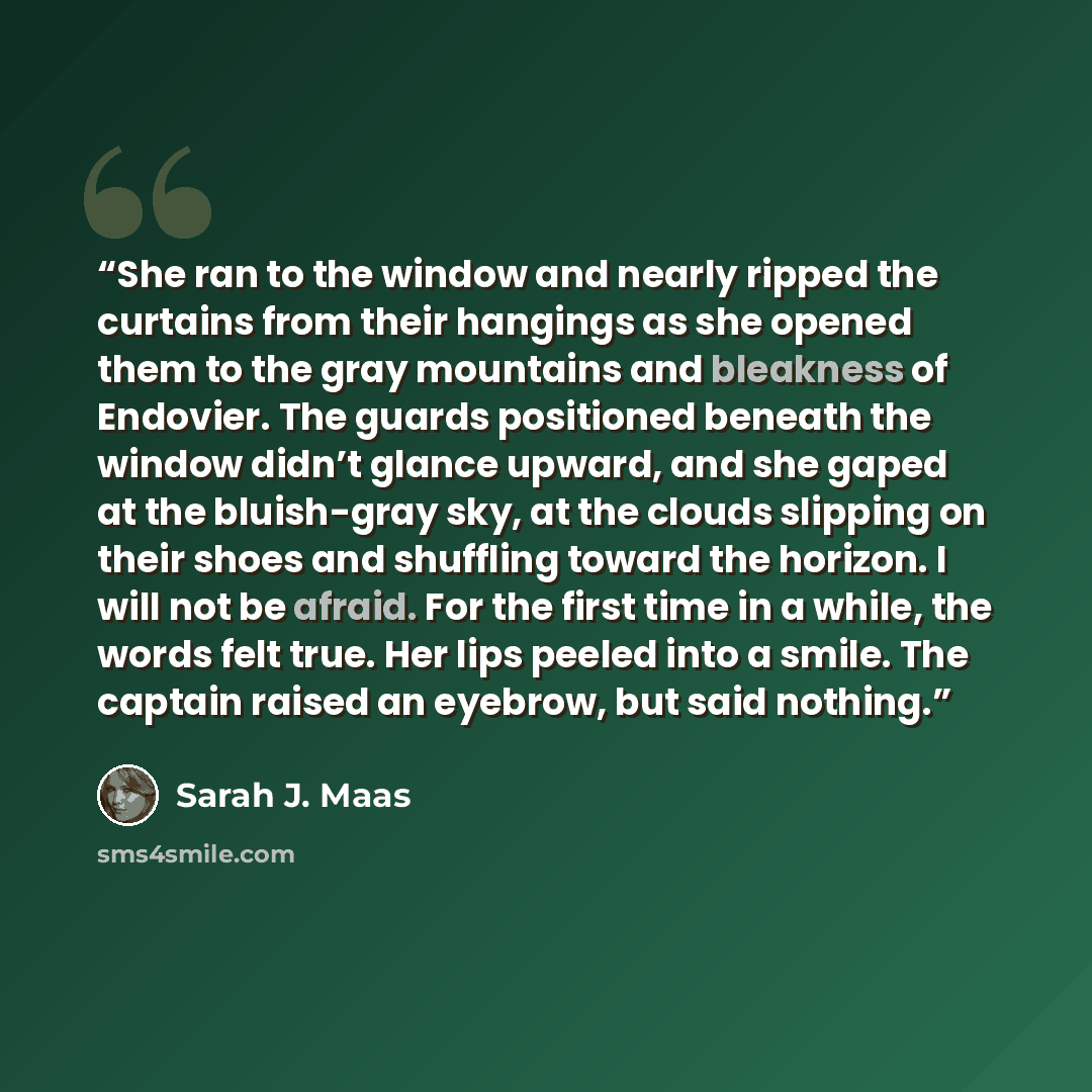 “She ran to the window and nearly ripped the curtains from their hangings as she opened them to the gray mountains and bleakness of Endovier. The guards positioned beneath the window didn’t glance upward, and she gaped at the bluish-gray sky, at the clouds slipping on their shoes and shuffling…” quote by Sarah J. Maas