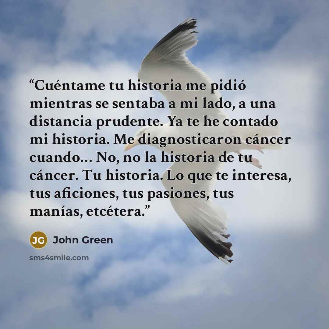 “Cuéntame tu historia me pidió mientras se sentaba a mi lado, a una distancia prudente. Ya te he contado mi historia. Me diagnosticaron cáncer cuando… No, no la historia de tu cáncer. Tu historia. Lo que te interesa, tus aficiones, tus pasiones, tus manías, etcétera.” quote by John Green