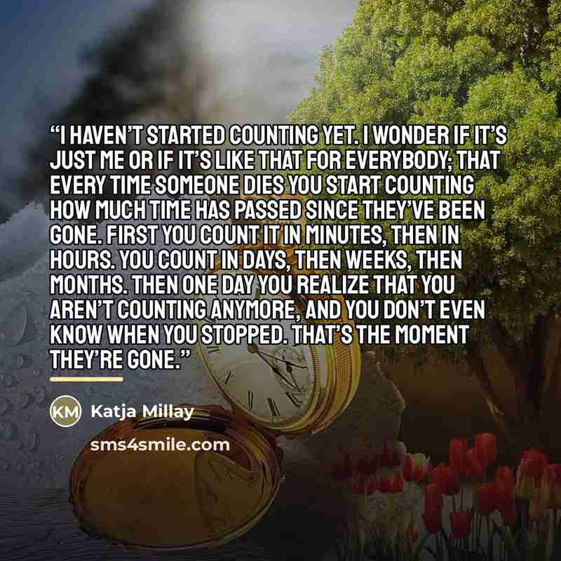 “I haven’t started counting yet. I wonder if it’s just me or if it’s like that for everybody; that every time someone dies you start counting how much time has passed since they’ve been gone. First you count it in minutes, then in hours. You count in days, then weeks, then months. Then one day you…” quote by Katja Millay