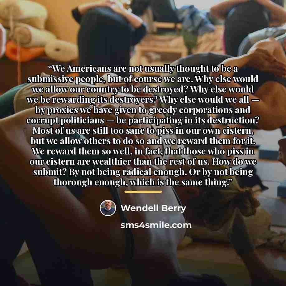 “We Americans are not usually thought to be a submissive people, but of course we are. Why else would we allow our country to be destroyed? Why else would we be rewarding its destroyers? Why else would we all — by proxies we have given to greedy corporations and corrupt politicians — be…” quote by Wendell Berry