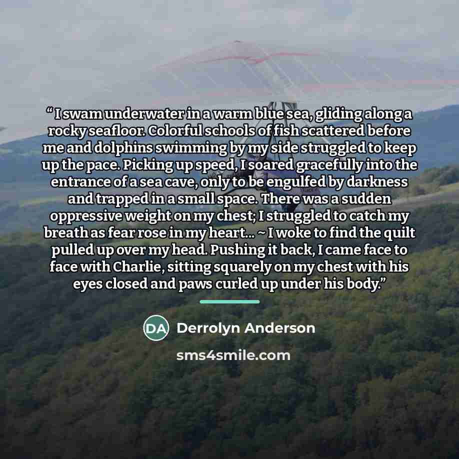 “I swam underwater in a warm blue sea, gliding along a rocky seafloor. Colorful schools of fish scattered before me and dolphins swimming by my side struggled to keep up the pace. Picking up speed, I soared gracefully into the entrance of a sea cave, only to be engulfed by darkness and trapped in a…” quote by Derrolyn Anderson