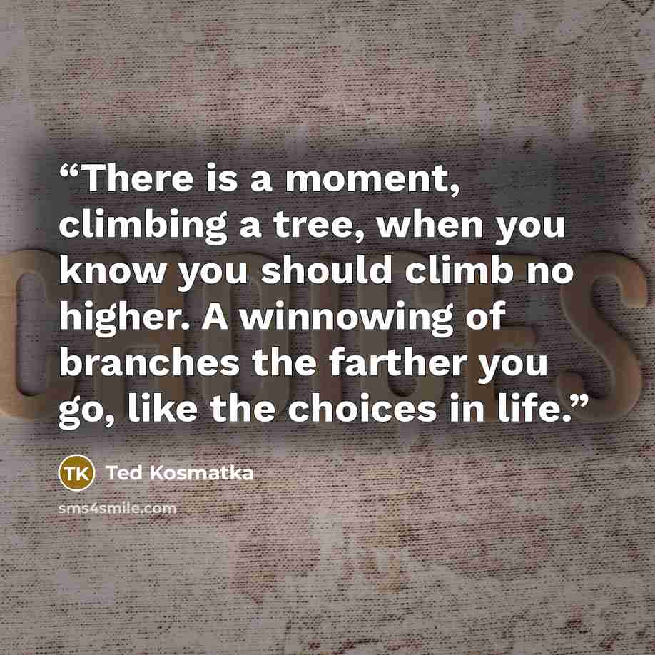 “There is a moment, climbing a tree, when you know you should climb no higher. A winnowing of branches the farther you go, like the choices in life.” quote by Ted Kosmatka
