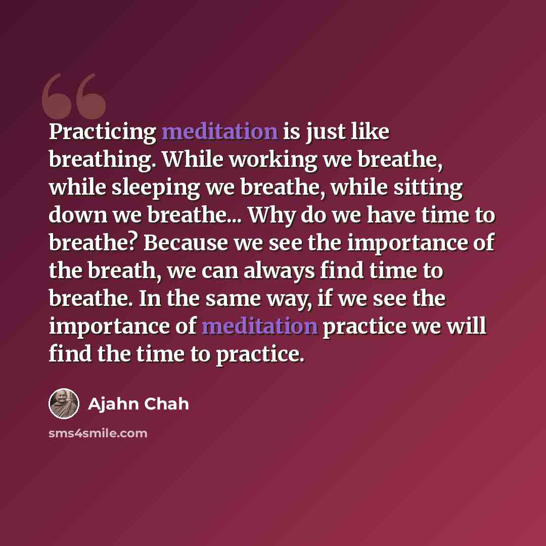 “Practicing meditation is just like breathing. While working we breathe, while sleeping we breathe, while sitting down we breathe... Why do we have time to breathe? Because we see the importance of the breath, we can always find time to breathe. In the same way, if we see the importance of…” quote by Ajahn Chah