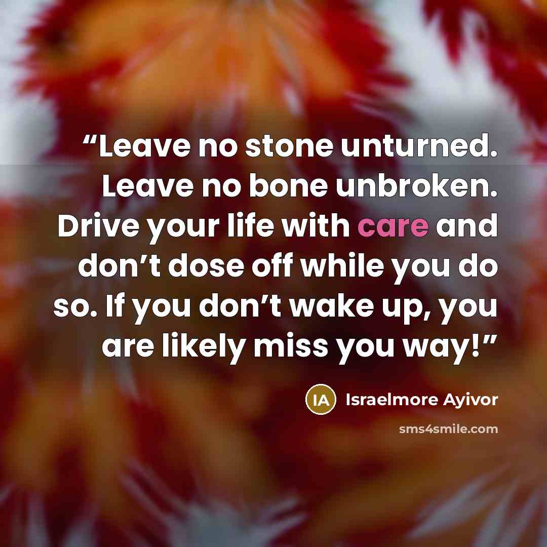 “Leave no stone unturned. Leave no bone unbroken. Drive your life with care and don’t dose off while you do so. If you don’t wake up, you are likely miss you way!” quote by Israelmore Ayivor